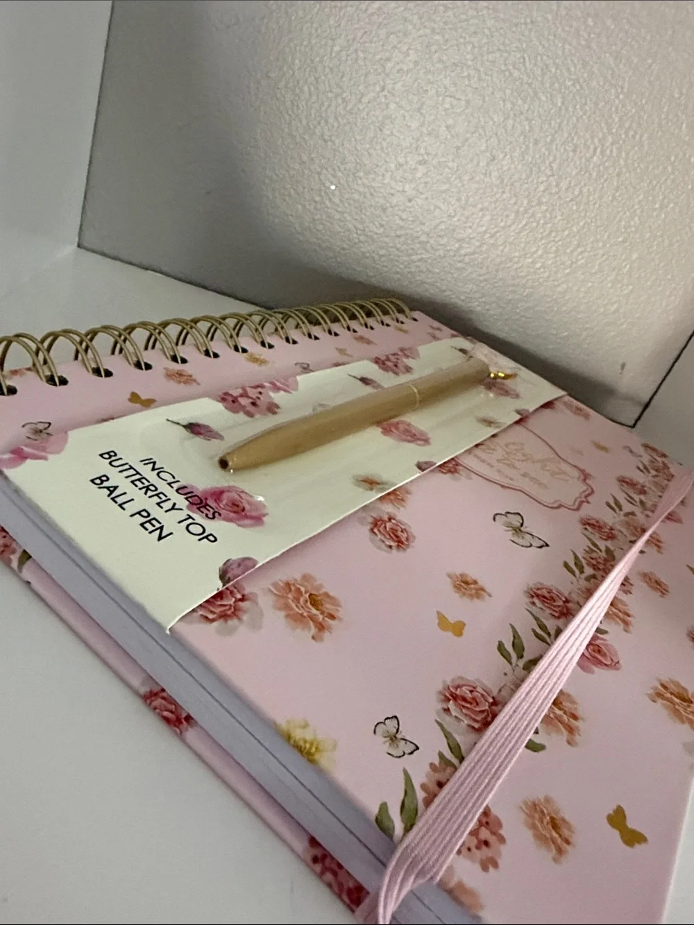 Boutique Pink Floral Notebook with Gold Butterfly Top Pen